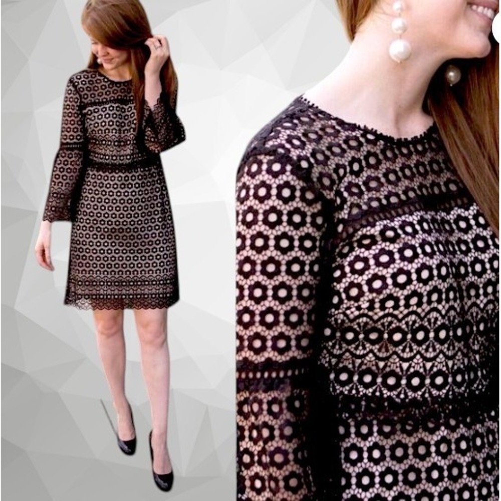 NWT J.Crew G7801 Bell Sleeve Daisylace Sheath Cocktail Dress Black Nude Size 6 - Picture 4 of 16